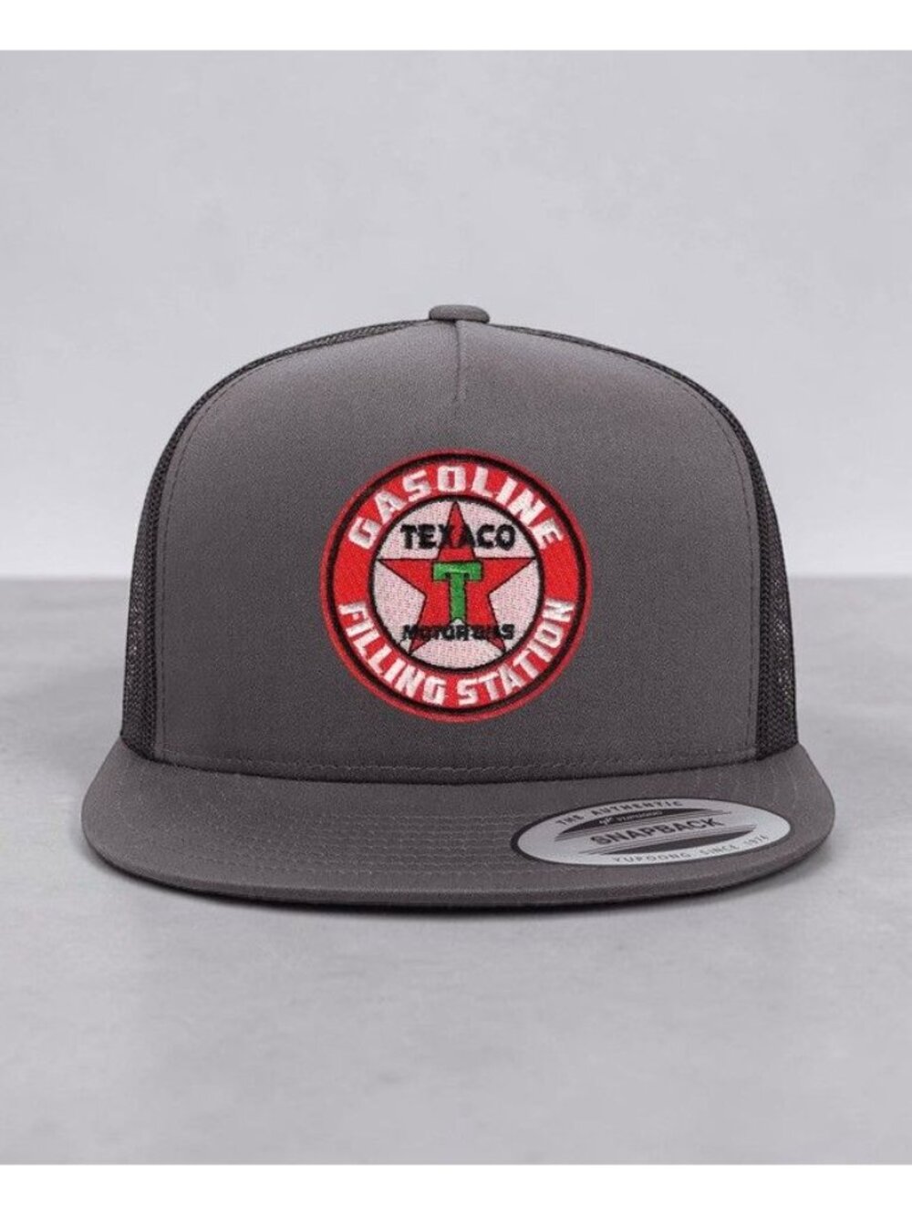 Texaco Gas Station Red YP Flat Bill Trucker Hat Mesh Back Snapback charcoal/blk